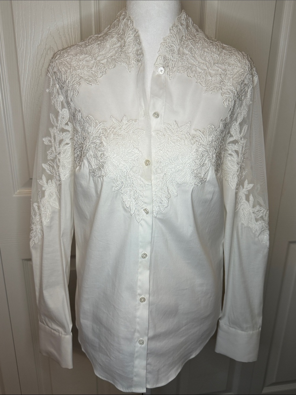 White House Black Market White Embroidered Lace Yoke Button-Down Shirt